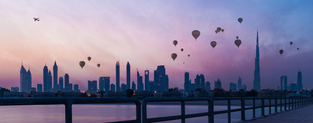 Dubai Skyline with Hot Air Ballons