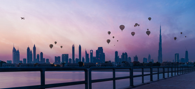 Dubai Skyline with Hot Air Ballons